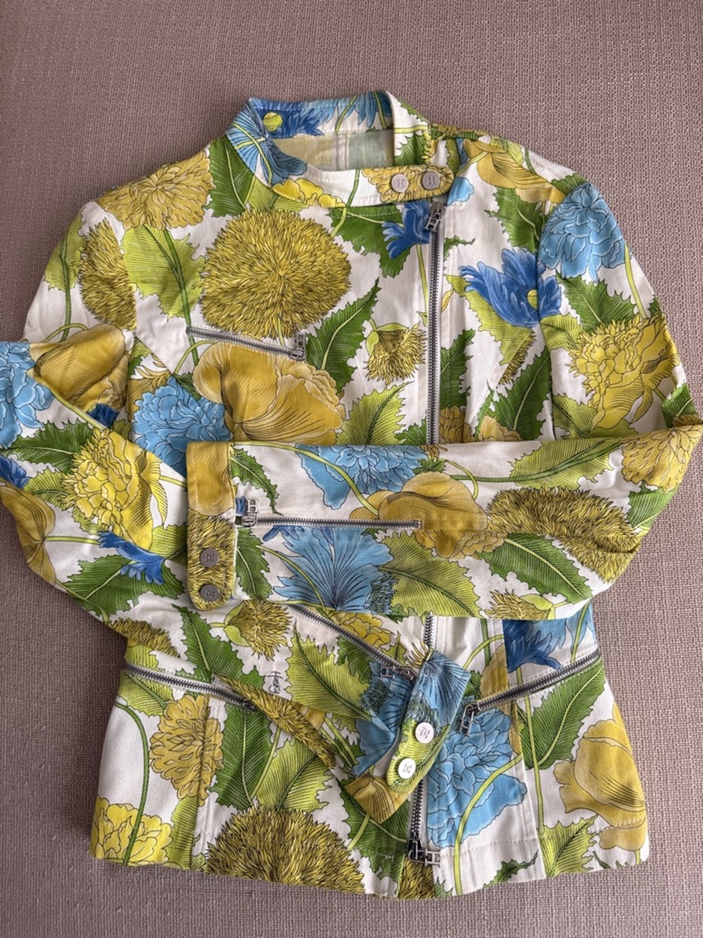 Floral Print Women's Zip Jacket - Blue, Yellow & Green